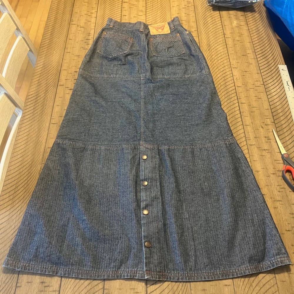 Betty's Blue Shinji Abe Vintage Japanese Denim Maxi Skirt Button Herringbone Md* - Picture 7 of 7